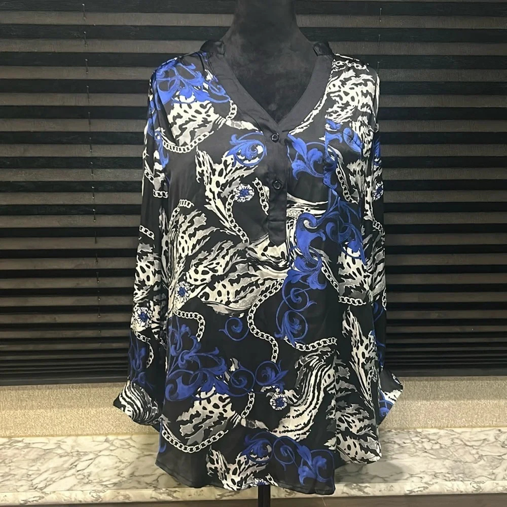AB Studio Women’s Chain Print‎ 3/4 Sleeve V-Neck Collarless Shirt Large